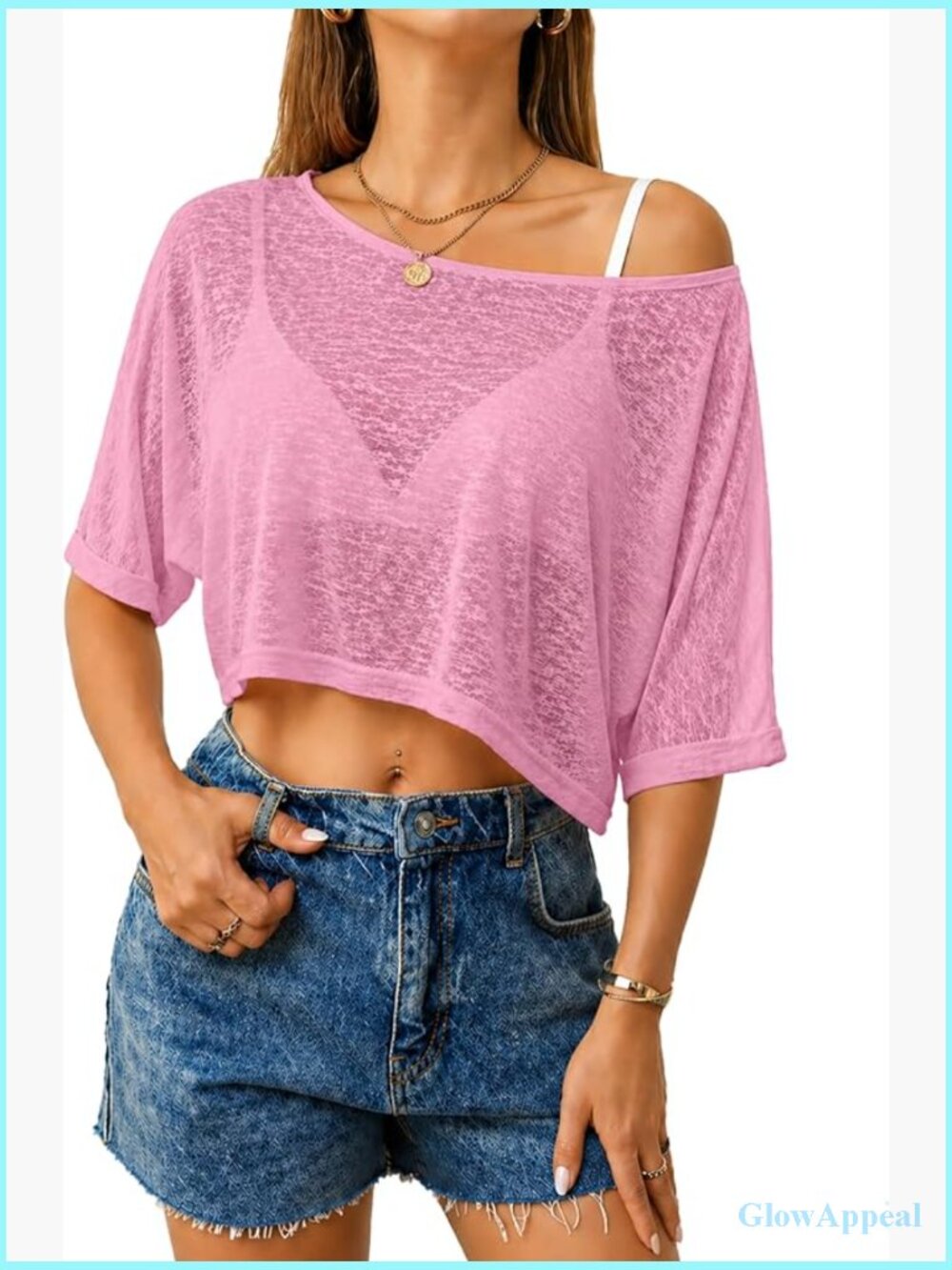 Sheer Mesh Off Shoulder Crop Top Short Sleeve Loose Fit Tee Beach Cover Up